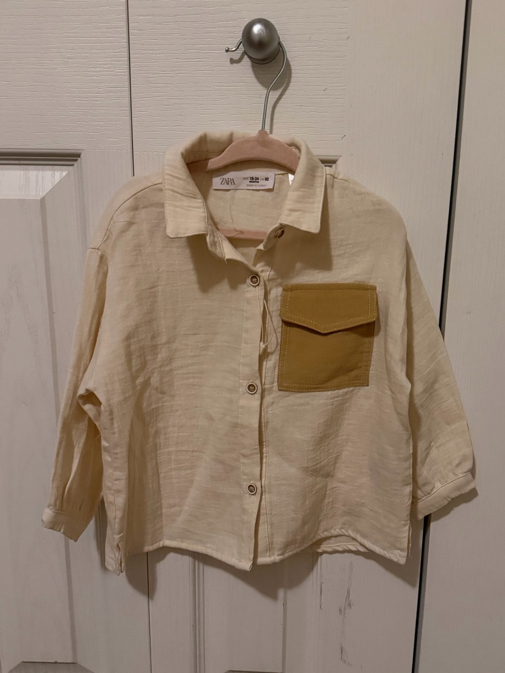 Zara Kids Cream Button-Up Shirt with Mustard Chest Pocket